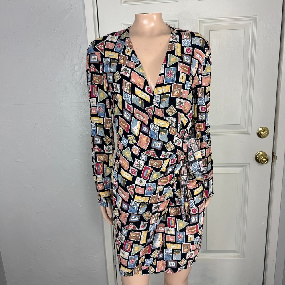 Vintage 90s David Dart Force One Women's Dress 4 Novelty Travel Stamp Rayon MM12